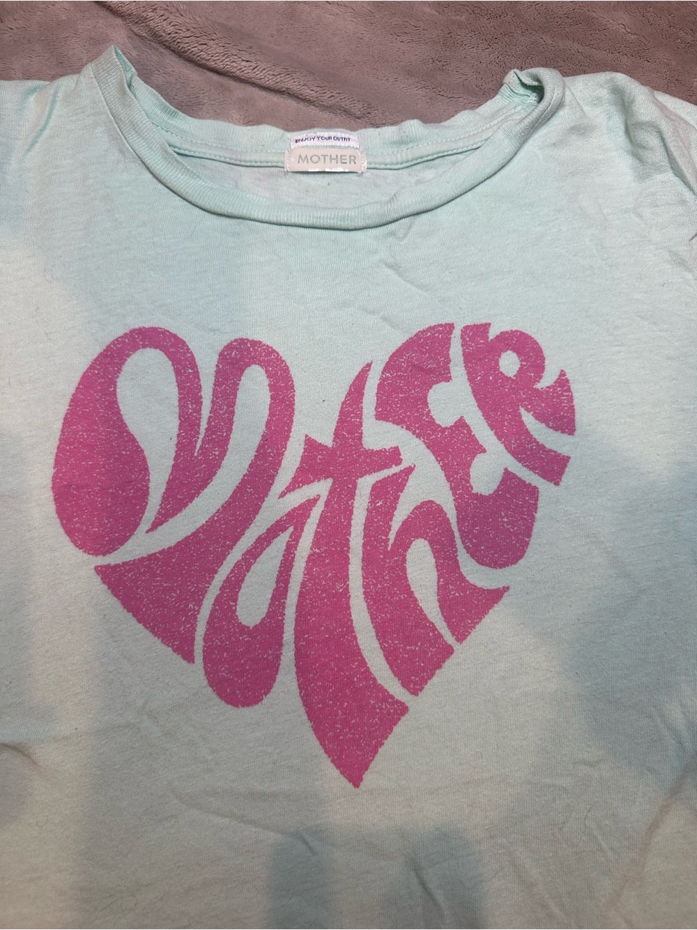 MOTHER Aqua T-Shirt with Pink Heart Graphic